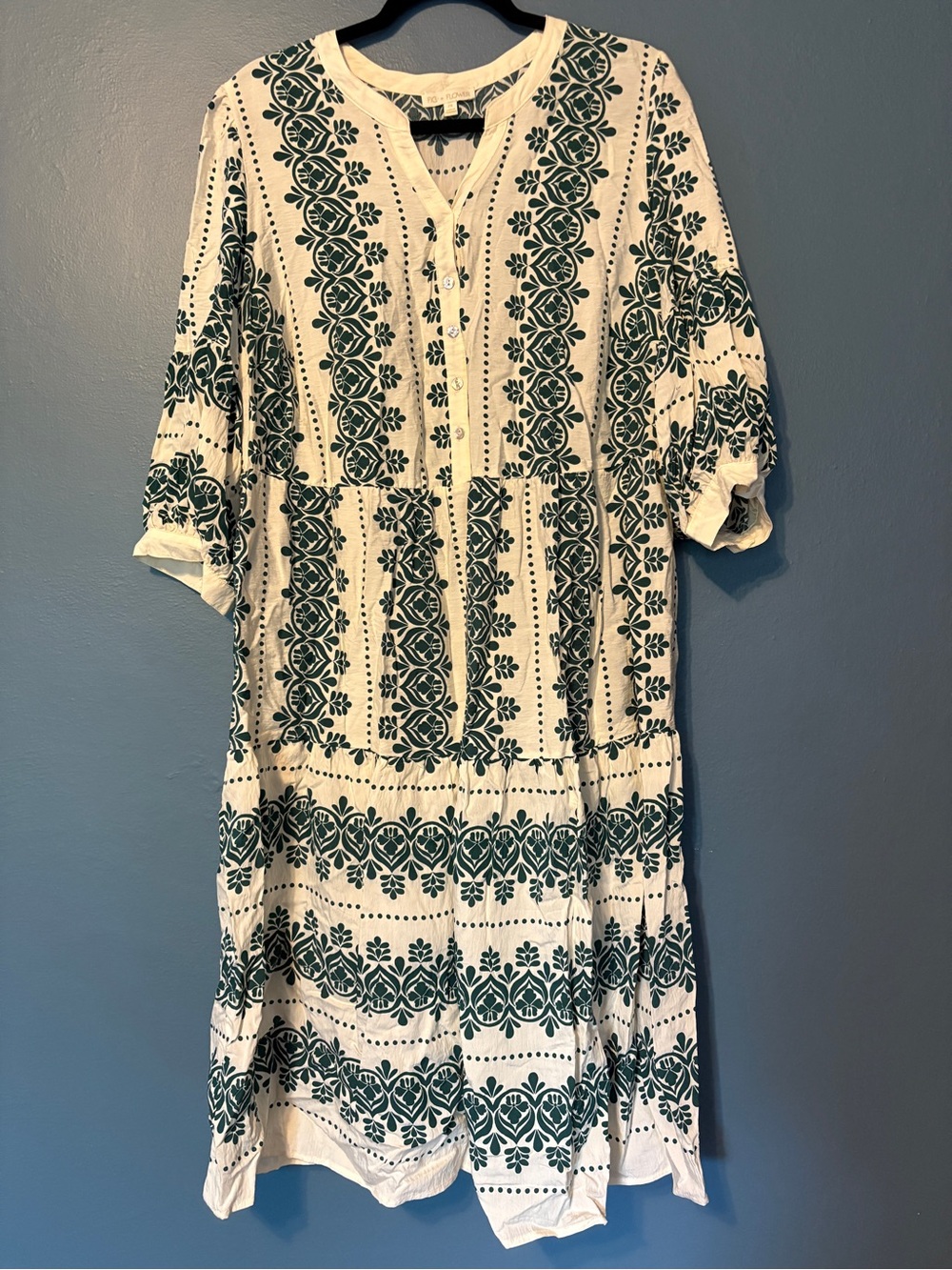 Fig + Flower Block Print Tiered Maxi Dress, Sz 2x. Cream Forest Green